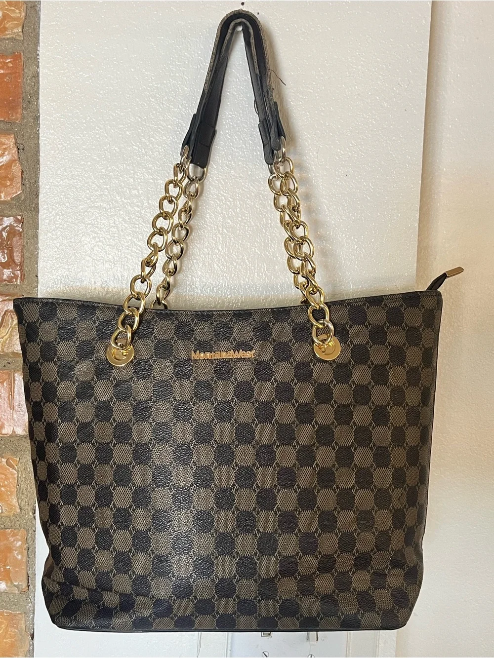 Montana West Brown Checker Tote with Gold Chain Straps